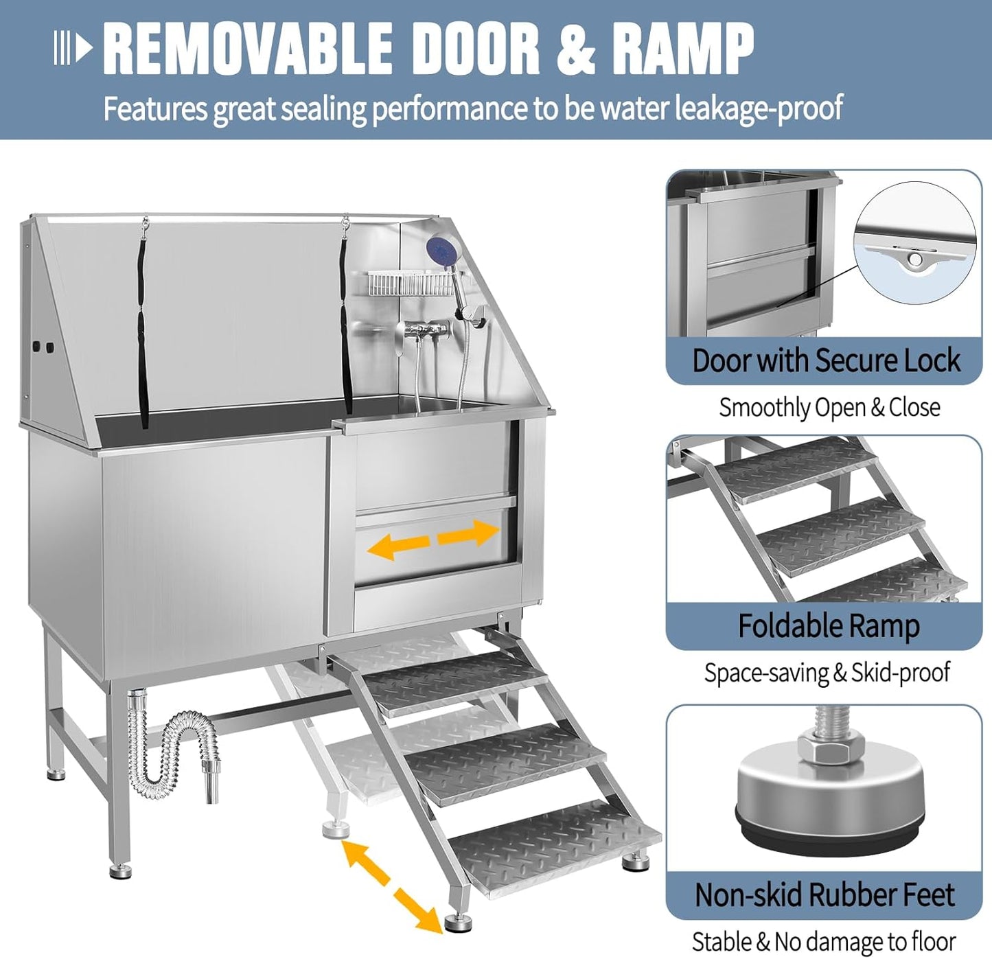 50" Pet Dog Bathing Station W/Ramp, Professional Stainless Steel Dog Grooming Tub W/Storage Drawer, Floor Grate, Faucet, Dog Bathtub for Large,Medium, Small Pets, Washing Sink for Home