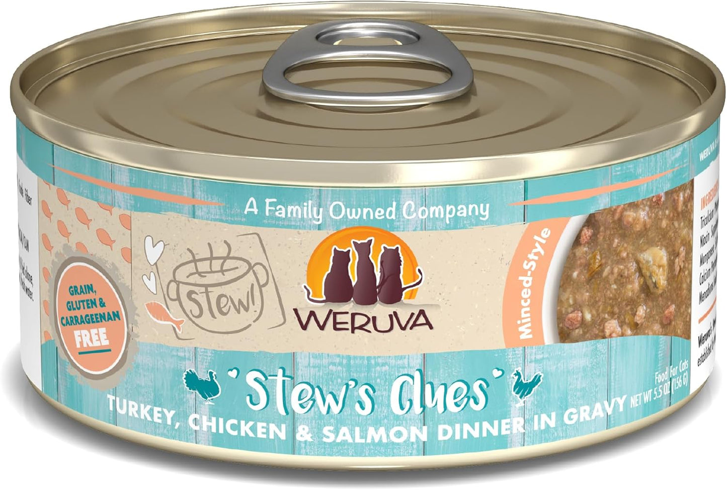 Weruva Classic Cat Stews!, Stew's Clues with Turkey, Chicken & Salmon in Gravy, 5.5oz Can (Pack of 8)
