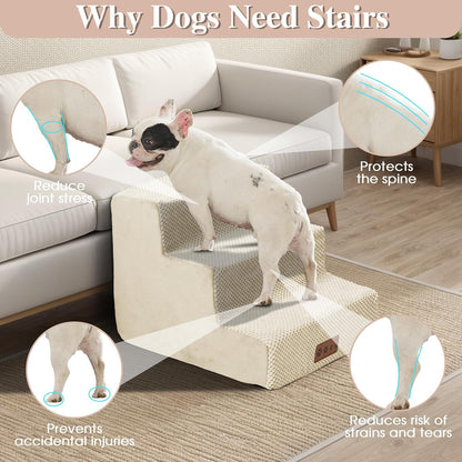 GGIB Dog Stairs for Small Dogs Pet Stairs for Sofa Couch Dog Ramp Pet Steps with Removable Washable Cover, Beige, 13" H, 3-Step