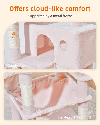 Taoqimiao Cat Tree 57.5-Inch, Cat Tower for Indoor Cats Large Adult, Extra Large Cat Condo, 8 Sisal Scratching Posts, Metal Frame Cozy Hammock, Durable Scratch Board, 2 Top Perches, Jelly Pink MS026P