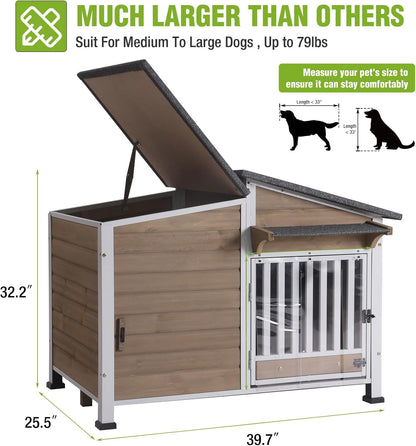 GUTINNEEN Dog House Outdoor Dog Kennel with Chew-Proof Metal Frame, Rotating Food Bowl, PVC Door Curtain, Weatherproof for Small Medium Dogs, 39.7" L x 25.5" D x 32.2" H (Light Brown)