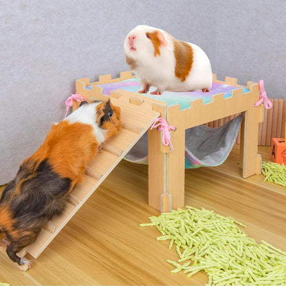 Guinea Pig Hammock with Platform and Ramps,Wooden Small Animal Hideout with Waterproof Coating Mat Hammock,Guinea Pig Cages Accessories Toys Hiding Playing,Easy to Clean(Single)
