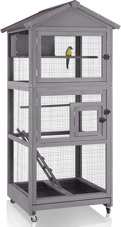 GUTINNEEN Large Bird Cage Outdoor Wooden Aviary Indoor on Wheels, with Play Stand, Perches, Nest Habitat & Wire Mesh Tray for Easy Cleaning