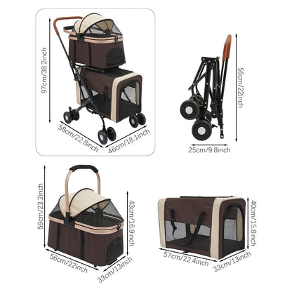 Foldable Pet Stroller for Small & Medium Dogs, Double Dog & Cat Stroller with 3-in-1 Travel System, Detachable Pet Carrier with Wheels for Cats and Dogs up to 77 lbs, Coffee Color