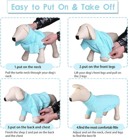 Queenmore Small Dog Pullover Sweater, Cold Weather Cable Knitwear, Classic Turtleneck Thick Warm Clothes for Chihuahua, Bulldog, Dachshund, Pug (Sky Blue, Medium)