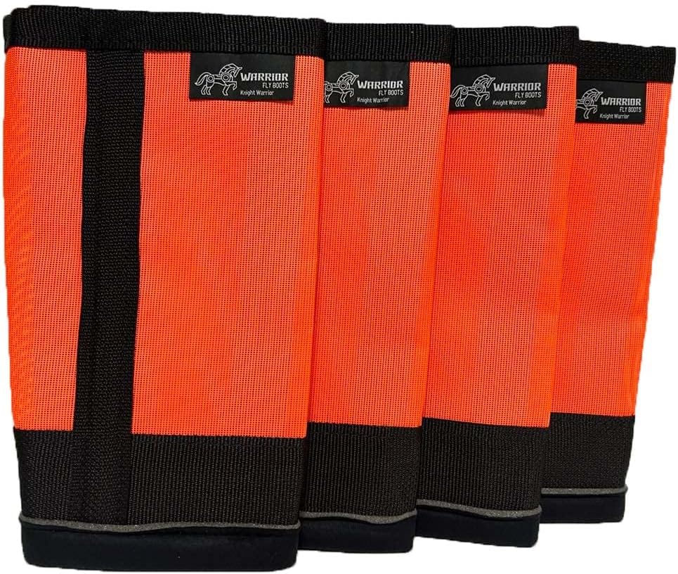 Warrior Fly Boots for Horses - Breathable Mesh Horse Boots for Fly Protection & Leg Comfort - Set of 4 (Knight Warrior, Neon Orange)