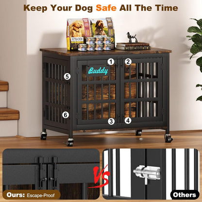 EasyCom 33"/27" Dog Crate Furniture with Name Tag, Heavy Duty Dog Kennel Indoor for Medium and Small Dogs, Double-Doors Sturdy Metal Dog Cage, Decorate House as TV Stand, End Table, Bedside Table