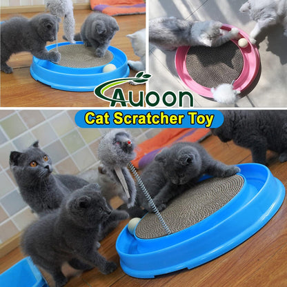 AUOON Cat Scratcher Toy - Cat Scratch Pad with Cat Toy Ball Track and Plush Mouse Toy for Indoor Cats and Kittens (Blue)