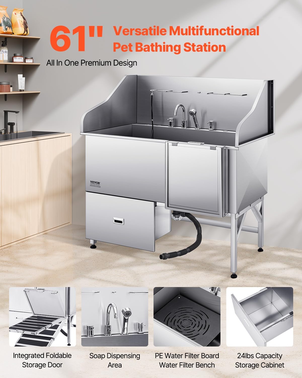 VEVOR Professional 304 Stainless Steel Dog Bathing Station, 61 inch Pet Grooming Tub w/Anti-Slip ramp, Storage Drawer, Cold Hot Faucet Showerhead for Large & Medium & Small (Right Door, with Drawer)