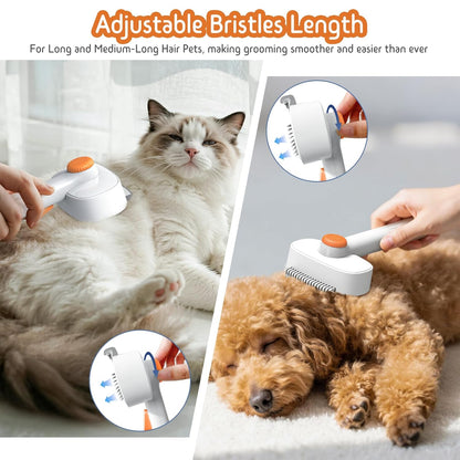 Self Cleaning Slicker Brush, 2-in-1 Cat Brush for Shedding, Skin Friendly Grooming Tool for Long & Medium-Long Hair Pets, Adjustable Bristle Length with Dematting Comb for Cats, Dogs (Orange)