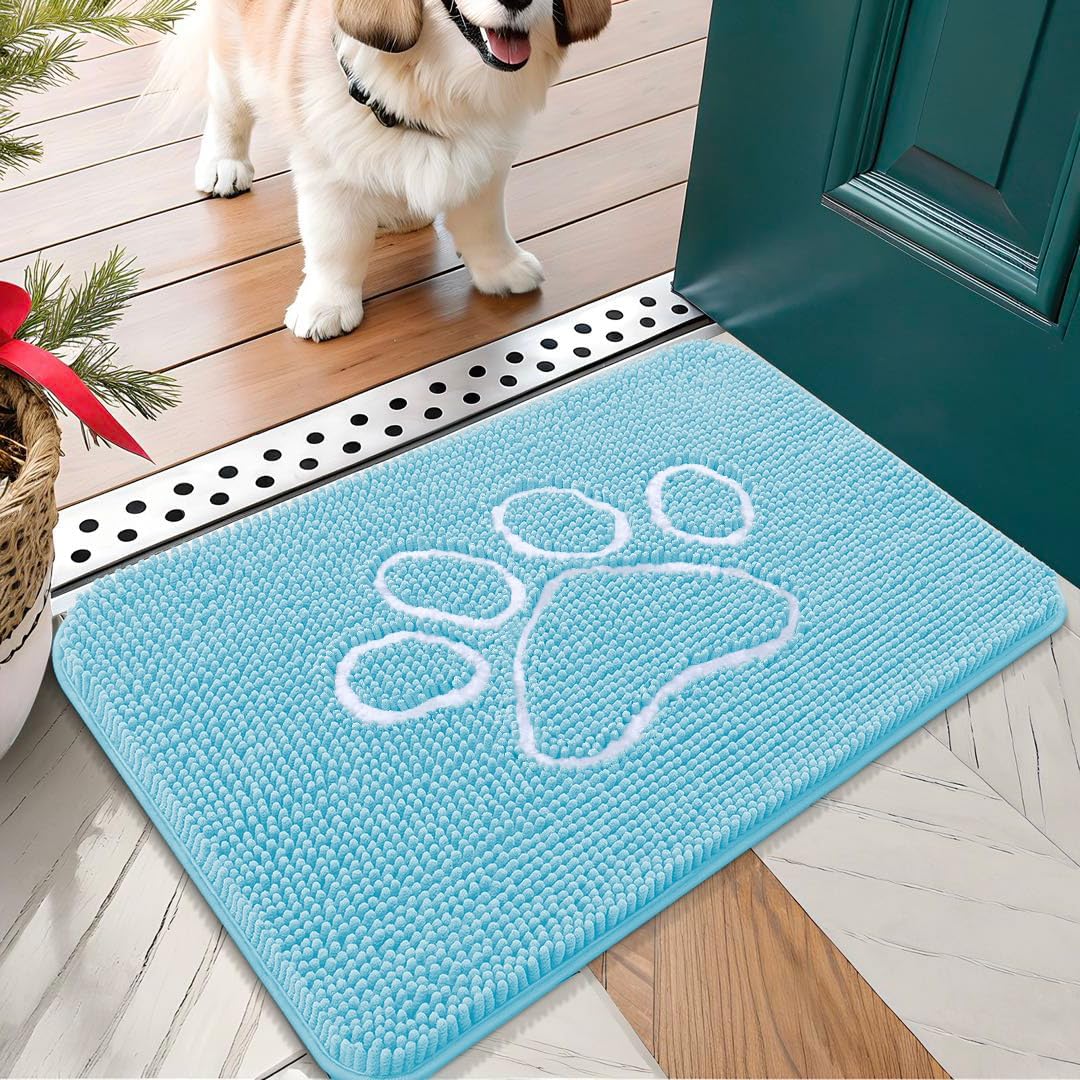 OLANLY Door Mat for Muddy Dog Paws 24x16, Ultra Absorbent Chenille Mud Doormat with Paw Print Design, Non-Slip Washable Doormat for Indoor Entryway, Quick-Dry Pet Bed Mats for Dirty Dogs, Blue