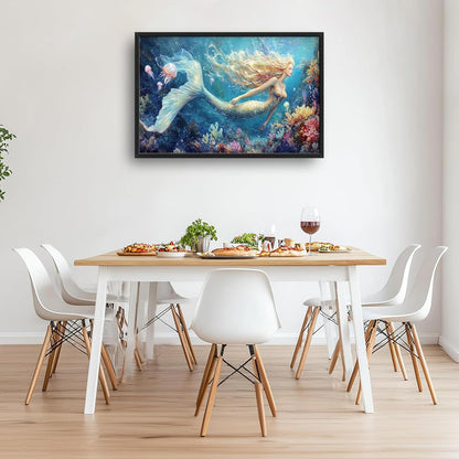 Extra Large Framed Mermaid Wall Art,Oversized Undersea Ocean Wall Decor,Colorful Coral Reefs Pictures for Living Room,Elegant Canvas Print Painting Modern Artwork Bedroom Bathroom 36L x 24W