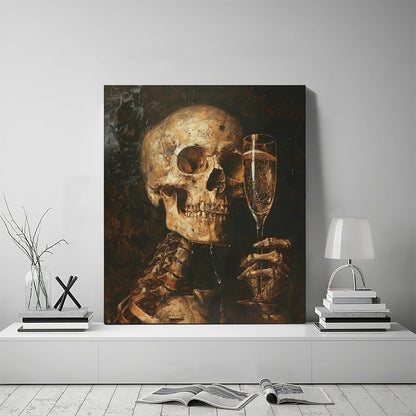 Quorin Gothic Skeleton Wall Art Goth Skull Champagne Wall Decor Dark Academia Pictures Horror Canvas Print Painting Artwork for Bathroom Living Room Bedroom 20"x24"
