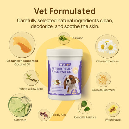 HICC PET Dog Ear Finger Wipes, Ear Cleaner Wipes for Dogs & Cats, Dog Ear Infection Treatment to Relief Itching & Inflammation, Remove Wax, Dirt & Stop Smelly, Non-Irritating, 50ct(Unscented)