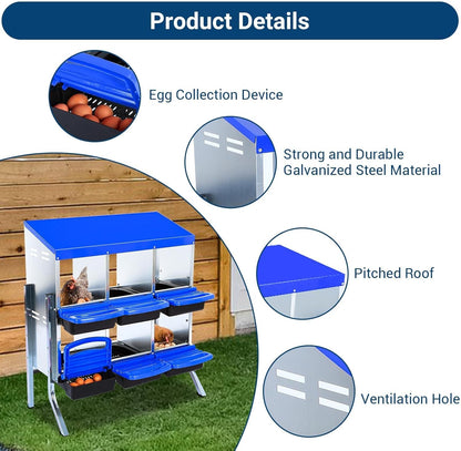 Chicken Nesting Boxes, 6 Hole Metal Chicken Laying Box with with Removable Trays and Roll Out Egg Collection for Chicken Coop, with Metal Bracket, Blue