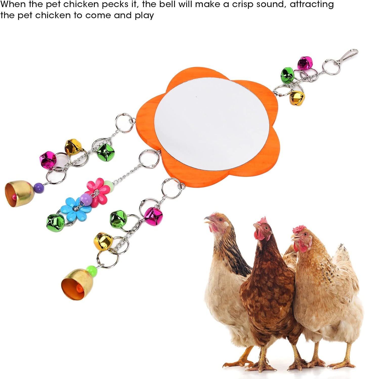 GLOGLOW Bird Mirror Toy, Hanging Parrot Mirror Rooster Toy Mirror with Colored Bells Interactive Playing Toy for Chicks Hens Cockatiel Parakeets Canaries Budgie