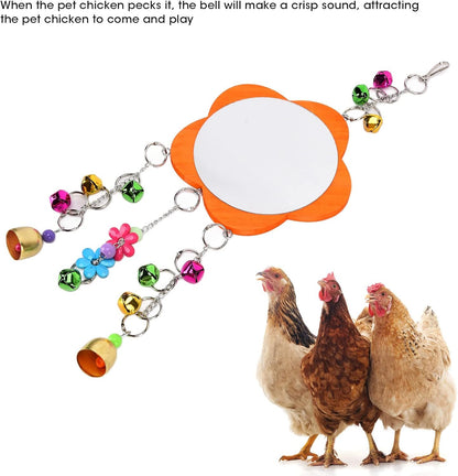 GLOGLOW Bird Mirror Toy, Hanging Parrot Mirror Rooster Toy Mirror with Colored Bells Interactive Playing Toy for Chicks Hens Cockatiel Parakeets Canaries Budgie