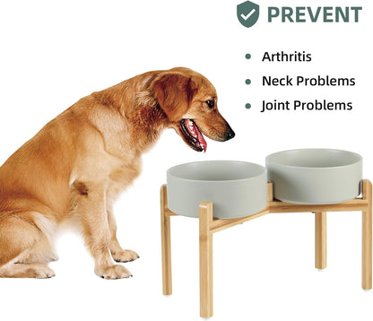 Ceramic Raised Double Bowls Set with Stand, Food & Water Bowls for Large Breed Dogs, Weighted Dog Dishes, Pet Bowl(8.2'',60OZ, Grey)
