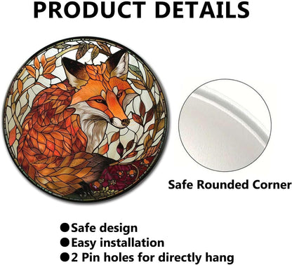 Lygond Metal Sign Tin Sign Circular Stained Glass Red Fox2 Gardening Sign for Yard 8×8 Inches