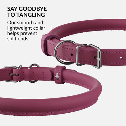 CollarDirect Rolled Leather Dog Collar, Soft Padded Round Puppy Collar, Handmade Genuine Leather Collar Dog Small Large Cat Collars 13 Colors (15-19 Inch, Pink Smooth)