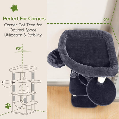 Globlazer Corner Cat Tree Tower for Indoor Cats, 51in Multi-Level Cat Condo Tower with Large Hammock, 7 Sisal Scratching Posts, Oversized Top Perch, Spacious Cat Cave, Hanging Basket, C51, Dark Grey