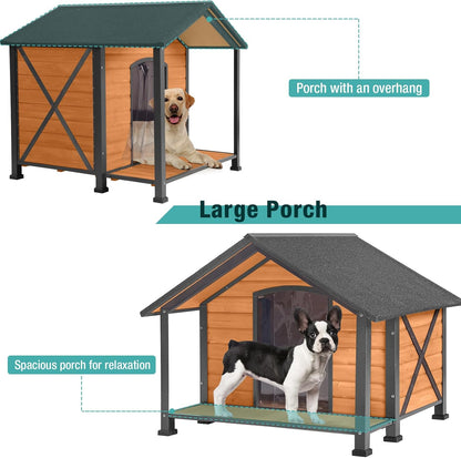 Outdoor Dog House,Weatherproof Wooden Dog Shelter for Medium to Large Sized Dogs,Iron Frame Indoor Outdoor Doghouse,Puppy Kennel,Pets Warm House in Winter with Large Porch