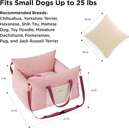 Lesure Small Dog Car Seat for Small Dogs -Soft Dog Booster Seat for Car with Storage Pocket and Clip-On Safety Leash and Thickened Memory Foam Filling, Pet Travel Carrier Bed Strawberry Cream