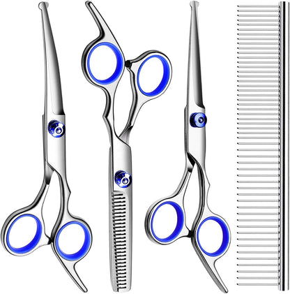 Professional Dog Grooming Scissors Kit, Titanium Coated Dog Scissors for Grooming, Grooming Shears Kit - Straight,Thinning, Curved Scissors and Comb for Dog Cat Pet (Blue 5 in 1)