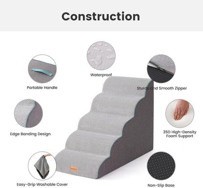 Gardner Pet Dog Stairs for Small Dogs 22.8" H, Curved 5-Step Pet Stairs, Dog Steps for High Bed, Couch (24-30 in) with Durable Non-Slip Waterproof Fabric Cover and CertiPUR-US Certified Foam