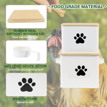 Set of 2 Airtight Dog Treat Container -10lb Metal Dog Food Canister -Dog Treat Jars for Kitchen Counter with Bamboo Lids-Pet Puppy Food Bin with Food Scoop- Doggie Cookie Jar-White