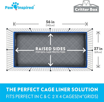Paw Inspired Critter Box Washable Cage Liner, Reversible Fleece Bedding with Raised Sides for Guinea Pigs and Other Small Animals (C&C 2x4 (14" Grids), Gray/Blue)