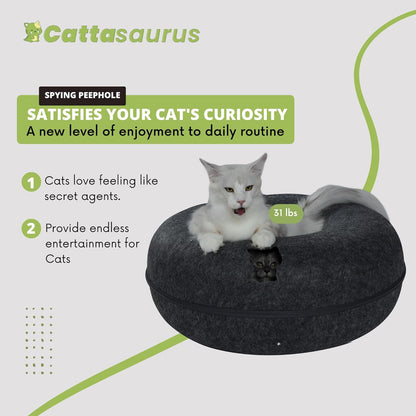 Cattasaurus Peekaboo Cat Cave, Extra Spacious for Multiple & Large Cats 12+ lbs, Scratch Detachable Beds for Indoor Cats, Washable Tunnel Bed, Comfy Cat Donut Tunnel (Dark Gray+Dark Gray, Jumbo)