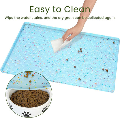 Ptlom Dog Food Mat Anti-Slip Dog Bowl Mats for Food and Water, Waterproof Pet Placemat Prevents Messy Spill to Floor, Silicone Puppy Feeding Tray for Small, Medium and Large Dogs Cats, Blue