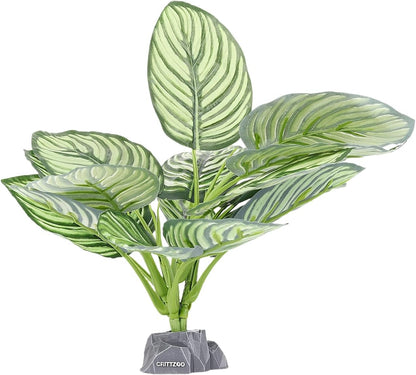 Reptile Terrarium Plants, Bearded Dragon Tank Decor Accessories for Ball Python Leopard Gecko Tree Frog Tarantula Lizard Corn Snake Tortoise Chameleon Crested Gecko - Fake Goeppertia White