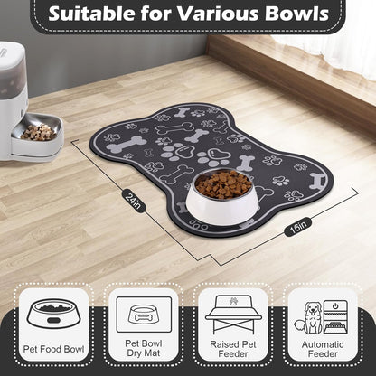 Dog Cat Food Mat,Rapid Absorbent Pet Feeding Mat, Bone Shaped Dog Placemat Water Bowl Mat with Rubber Backing,No Stains Dog Cat Food Mats Indoor, Pet Accessories Supplies 16"×24" Dark Grey