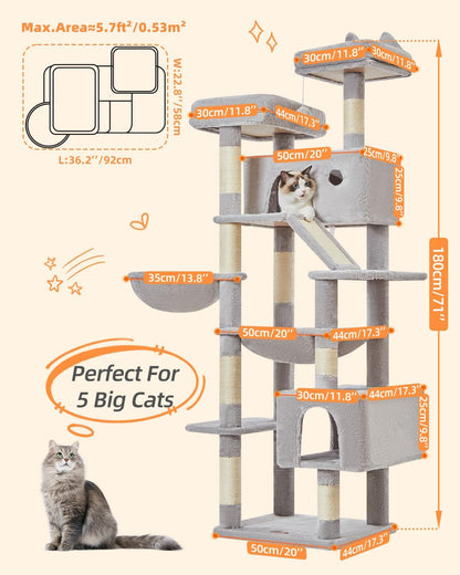 Taoqimiao Cat Tree 71-Inch, Cat Tower for Indoor Cats Large Adult, Multi-Level Large Cat Condo, 8 Sisal Scratching Posts, Metal Frame Cozy Hammock, Scratch Board, 2 Top Perches, Light Gray MS026LW