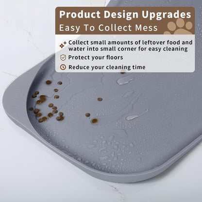 Silicone Pet Feeding Mat with Raised Edge & Residue Collection Pocket for Food and Water, Dog Bowl Mats, Cat Bowls Placemat with High Lip for Floor Waterproof, 19 x 12 x 0.7 Light Gray
