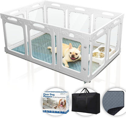 Clear Dog Play Pen Indoor, Effectively Relieves Indoor Pet Anxiety, 56" x 37" x 23.6"H, Suitable for Dogs and Puppies, White