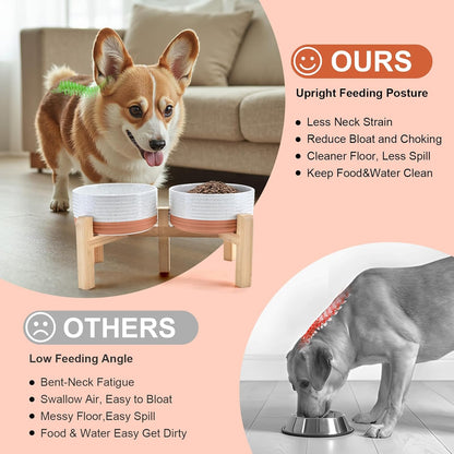 SPUNKYJUNKY Elevated Dog Bowls Ceramic, 6.1'' Dogs and Cat Food Water Bowls Raised with Non-Slip Bamboo Stand for Medium Sized Breed Microwave Dishwasher Safe - 28.7 OZ,Pattern White