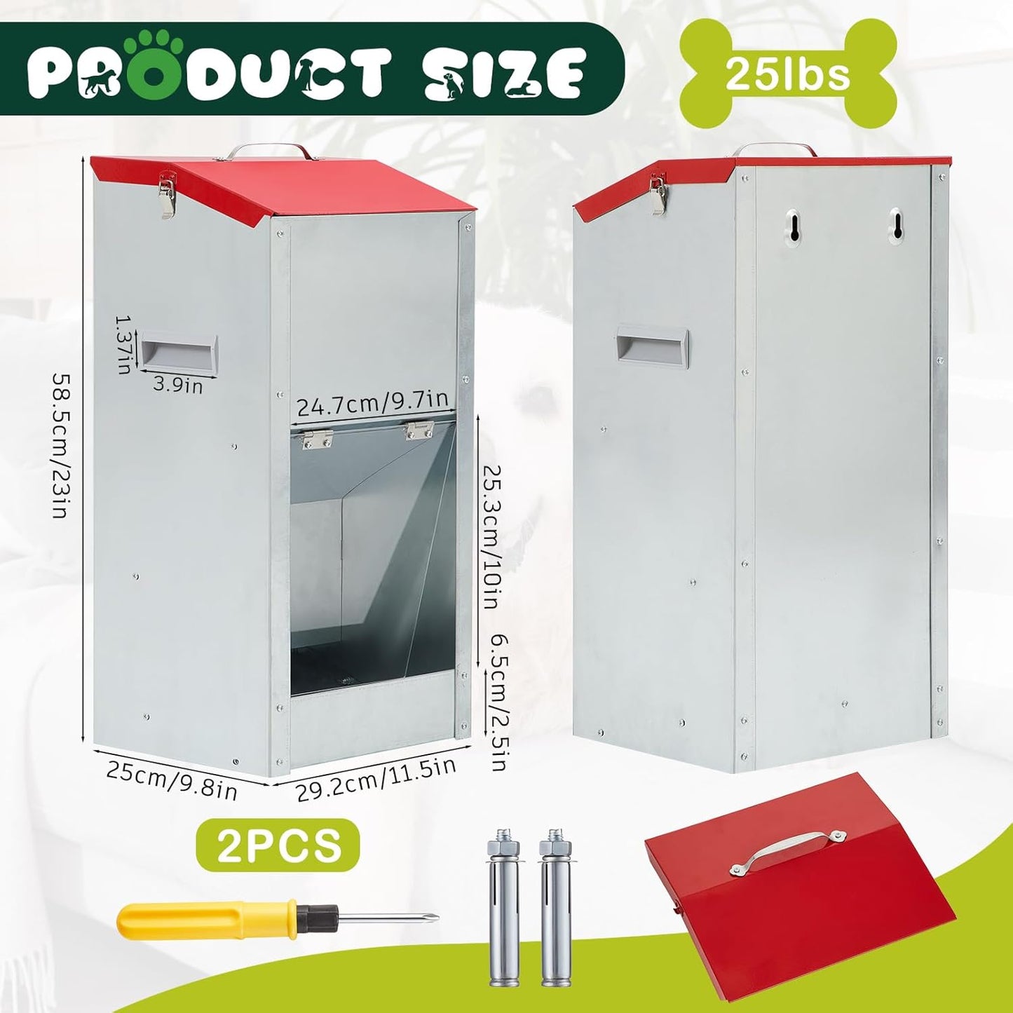 2 Pcs 25 Lbs Large Automatic Dog Feeders with Handle Acrylic Panel Galvanized Gravity Feeder Outdoor Hanging for Doggie Breed Dog Food Dispenser Container(Red)