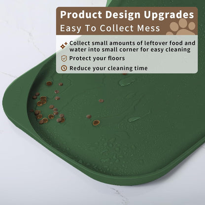 Silicone Pet Feeding Mat with Raised Edge & Residue Collection Pocket for Food and Water, Dog Bowl Mats, Cat Bowls Placemat with High Lip for Floor Waterproof, 19 x 12 x 0.7 Dark Olive