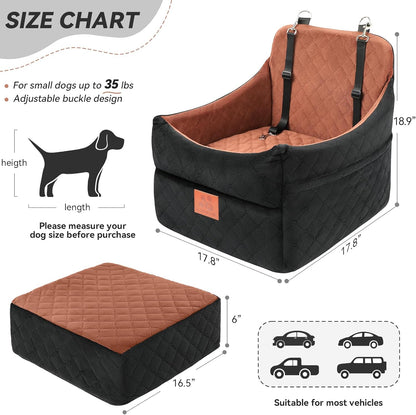 Dog Car Seat for Small/Medium Dogs, Dog Booster Car Seats with Thick Cushion for Dogs Under 35lbs, Detachable Washable Pet Car Seat with Storage Pockets, 2 Safety Belts(Black/Brown)