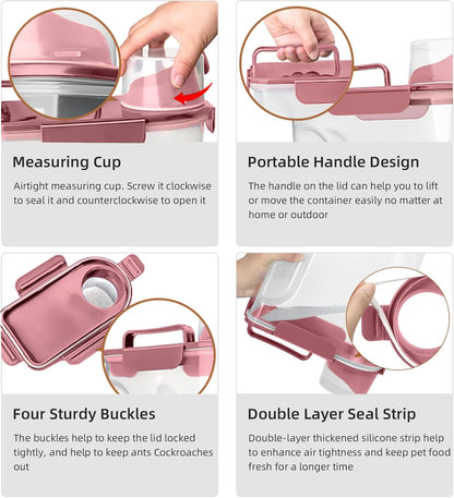 Dog Food Storage Container, Upgraded Large Nozzle BPA-free, 8-12 LBS Plastic Pet Food Storage Containers, With 4 Sealed Clasps, 1 Measuring Cup and Handle (1, Rose Pink, 5L)
