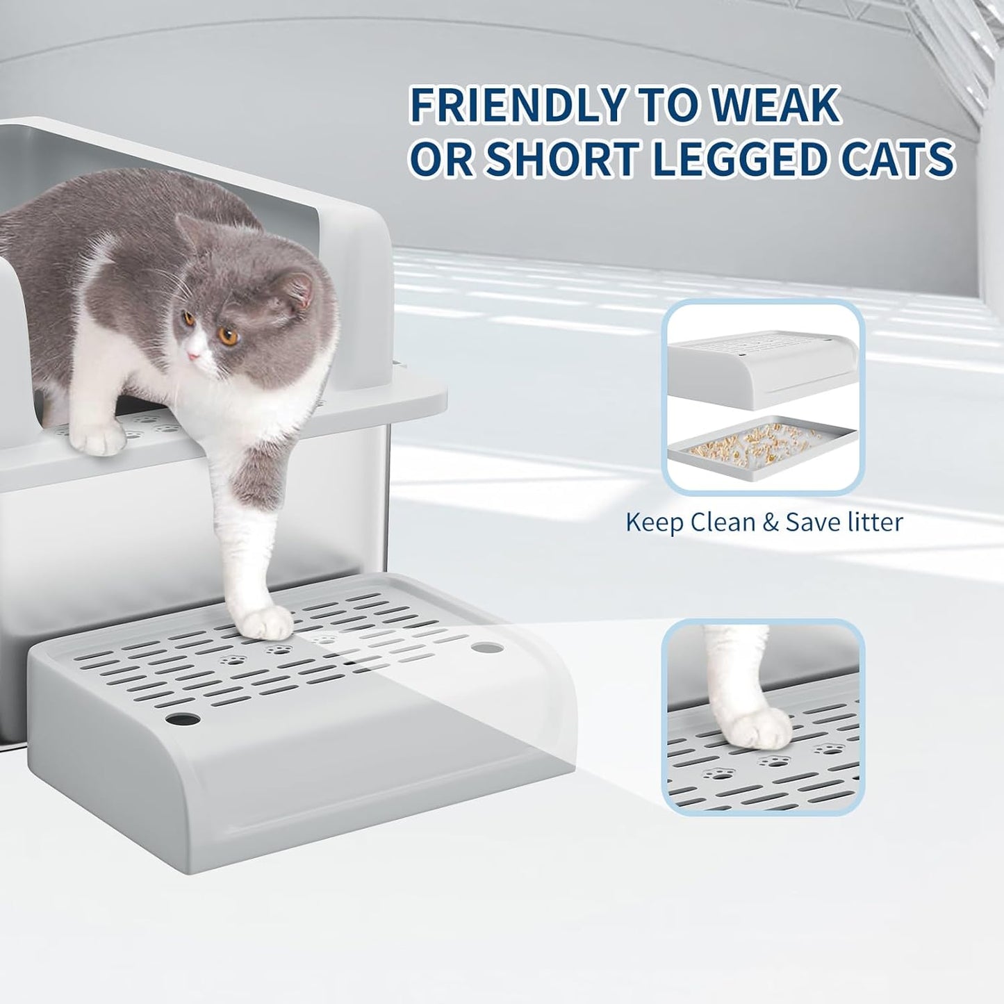 Stainless Steel Cat Litter Box 8 inch, XXL Large Cat Litter Tray with High Side, Platform Step and Scoop for Big Cats Multiple Cats, Easy Clean