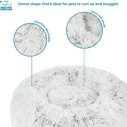 Best Pet Supplies Round Donut Dog Bed with Plush Faux Fur Fabric, Calming, Anti-Anxiety Cushion for Indoor Pets, Slip-Resistant Base, Soft Ergonomic Support - Light Warm Gray, 30x30x8''