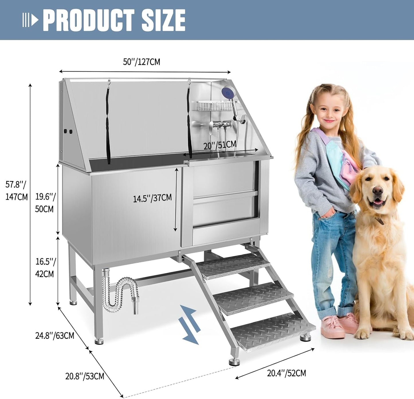 Dog Washing Station 38'' Stainless Steel Pet Grooming Tub for Large Dogs Over-Size Professional Dog Grooming Bathtub Station Wash Shower Sink Pet Grooming Bathtub Station