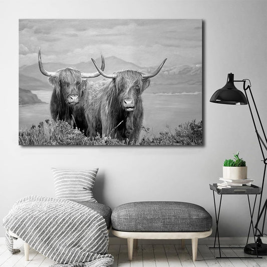 Wall Art for Living Room Highland Cow Wildlife Portrait Canvas Picture Black and White Animal Print Painting Scottish Farmhouse Artwork for Bathroom Bedroom Office Decor 24"x36"