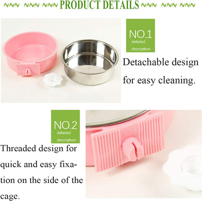 kathson Crate Dog Bowl, Removable Stainless Steel Hanging Pet Cage Bowl Food & Water Feeder Coop Cup for Cat, Puppy, Birds, Rats, Guinea Pigs 2pcs(Green,Pink)