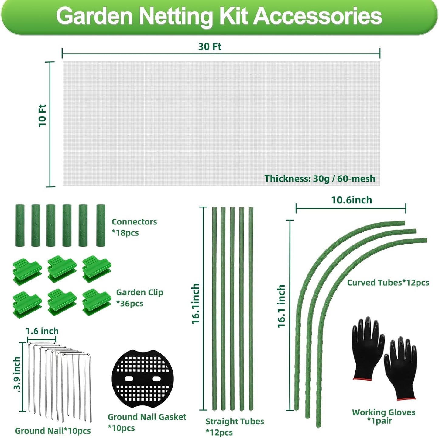 Garden Netting Kit, 10X30 Ft Garden Ultra Fine Mesh Net Bird Barrier Protection with Garden Hoops for Protect Garden Vegetables Flowers Shrubs Fruit Trees Indoors & Outdoors Plant Beds Greenhouse
