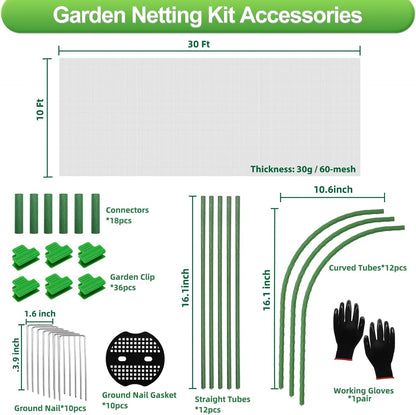 Garden Netting Kit, 10X30 Ft Garden Ultra Fine Mesh Net Bird Barrier Protection with Garden Hoops for Protect Garden Vegetables Flowers Shrubs Fruit Trees Indoors & Outdoors Plant Beds Greenhouse